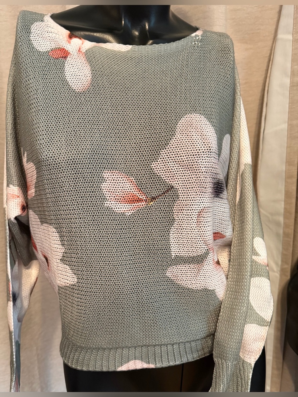 Floral Sage Green Knit Pullover Sweater